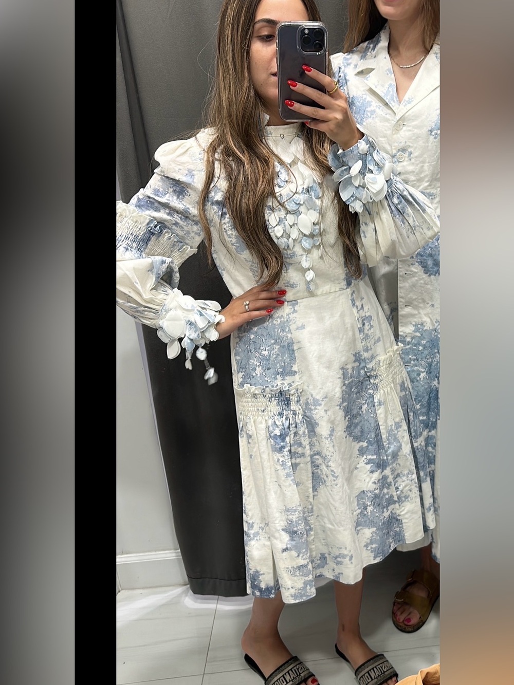 Ivory and Light Blue Floral Long Sleeve Maxi Dress